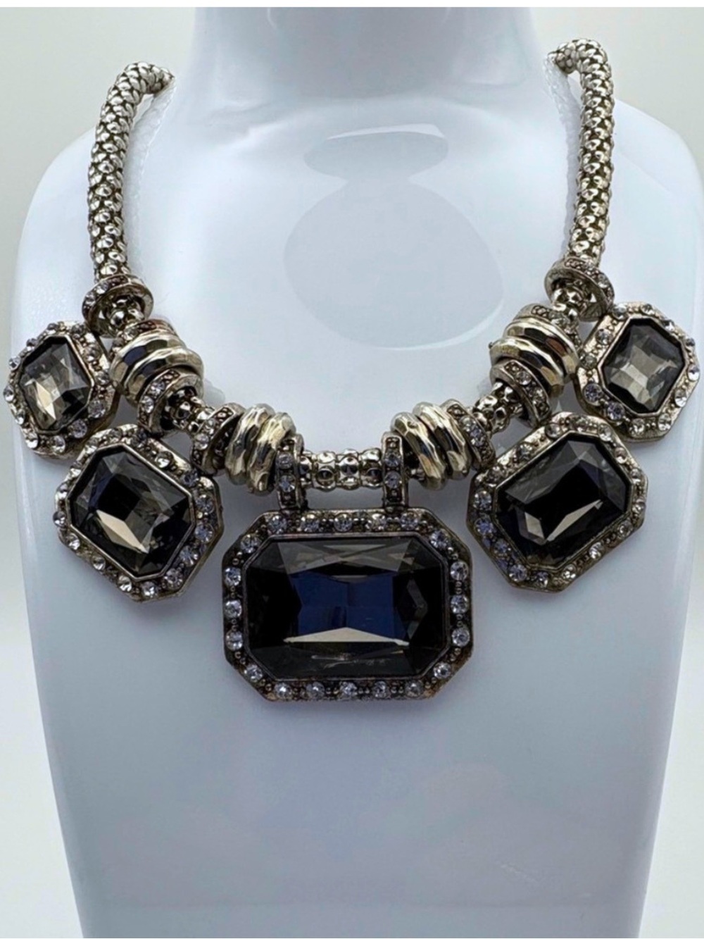 Black Crystal Statement Necklace Silver Tone Rhinestone Bib Necklace